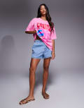 [Missyempire] Missy Empire denim elasticated paperbag high waist shorts in light blue 36 Light blue