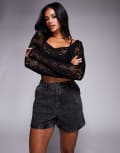 [Missyempire] Missy Empire denim elasticated paperbag high waist shorts in washed black 42 Washed black
