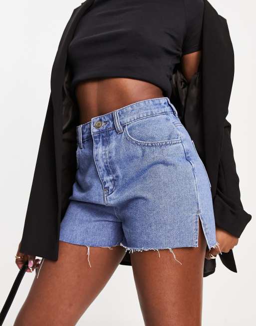 Missy Empire denim side split shorts in blue