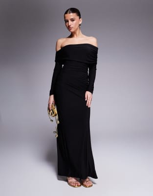 Missy Empire - Doppelt formendes, eng anliegendes Bodycon-Maxikleid in Schwarz mit asymmetrisch umgeschlagenem Ausschnit...
