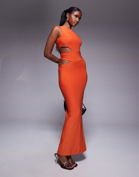 Missy Empire – Doppelt geformtes, anschmiegsames Maxikleid in Orange mit seitlichem Cut-out - view 1