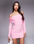 [Missyempire] Missy Empire double layered slinky bardot foldover bodycon mini dress in pink 38 PINK