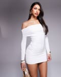 [Missyempire] Missy Empire double layered slinky bardot foldover bodycon mini dress in white 44 WHITE