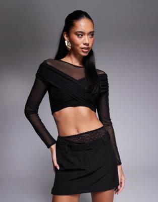 Missy Empire double layered slinky & mesh crossover top in black