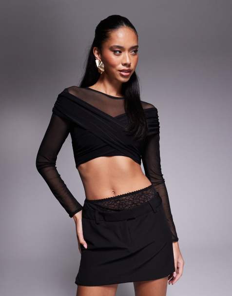 Missy Empire double layered slinky & mesh crossover top in black - view 1