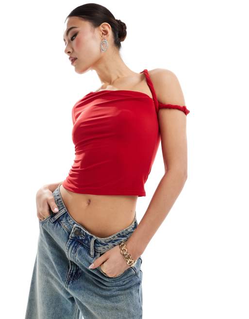 Missy Empire double layered slinky one sleeve twist strap top in red