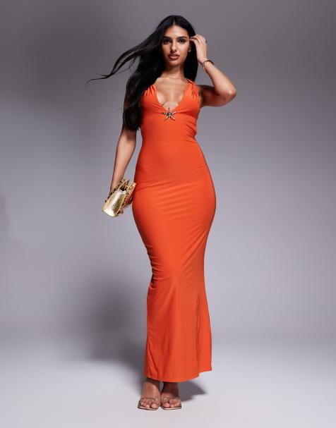 Missy Empire double layered slinky plunge cross back metal starfish detail maxi dress in orange - view 1