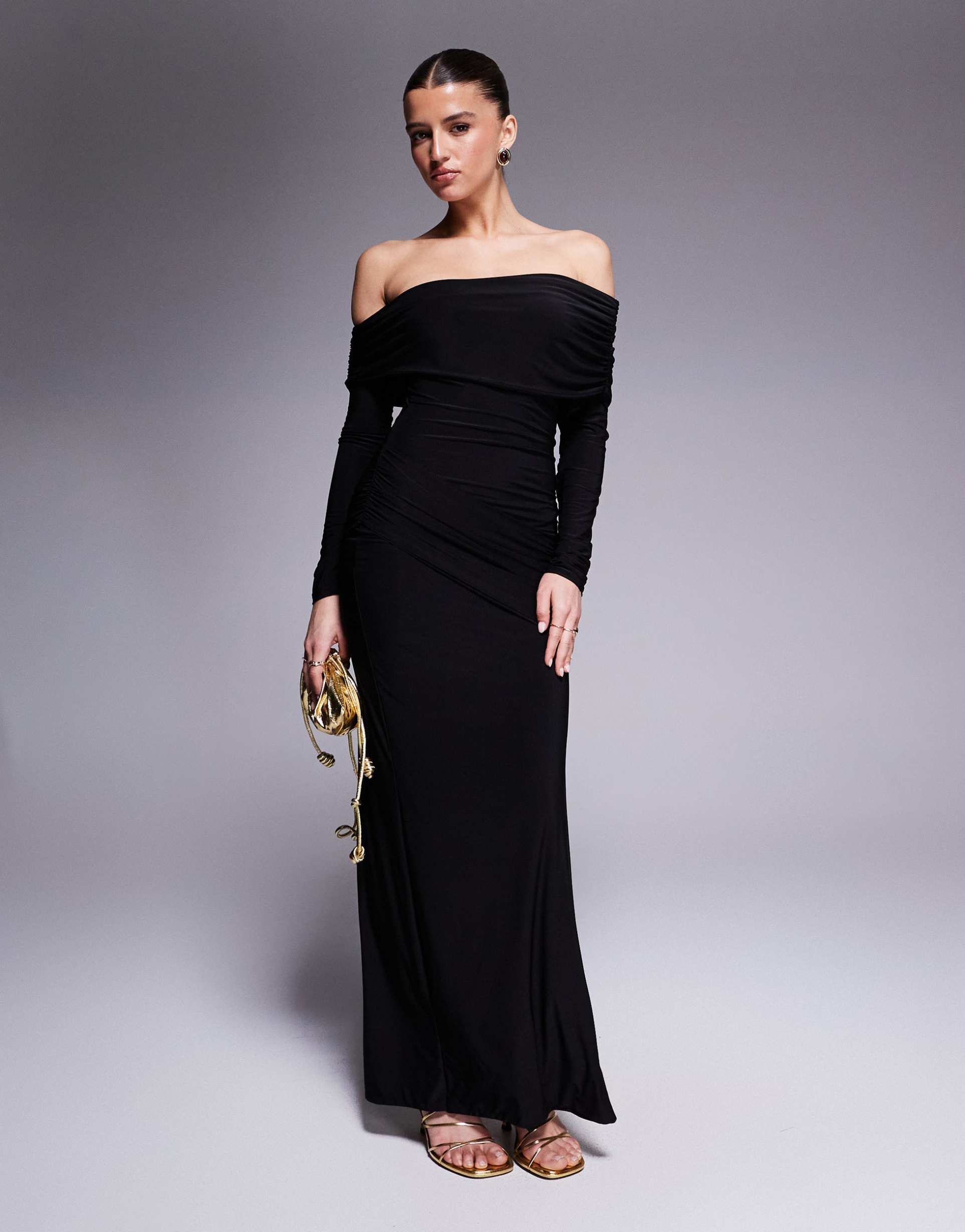 missy empire double sculpted slinky asymmetric fold over shoulder drape detail bodycon maxi dress in black