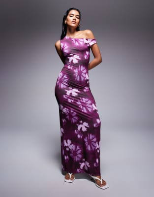 Missy Empire double sculpted slinky asymmetric off shoulder maxi dress in blurred purple flower print
