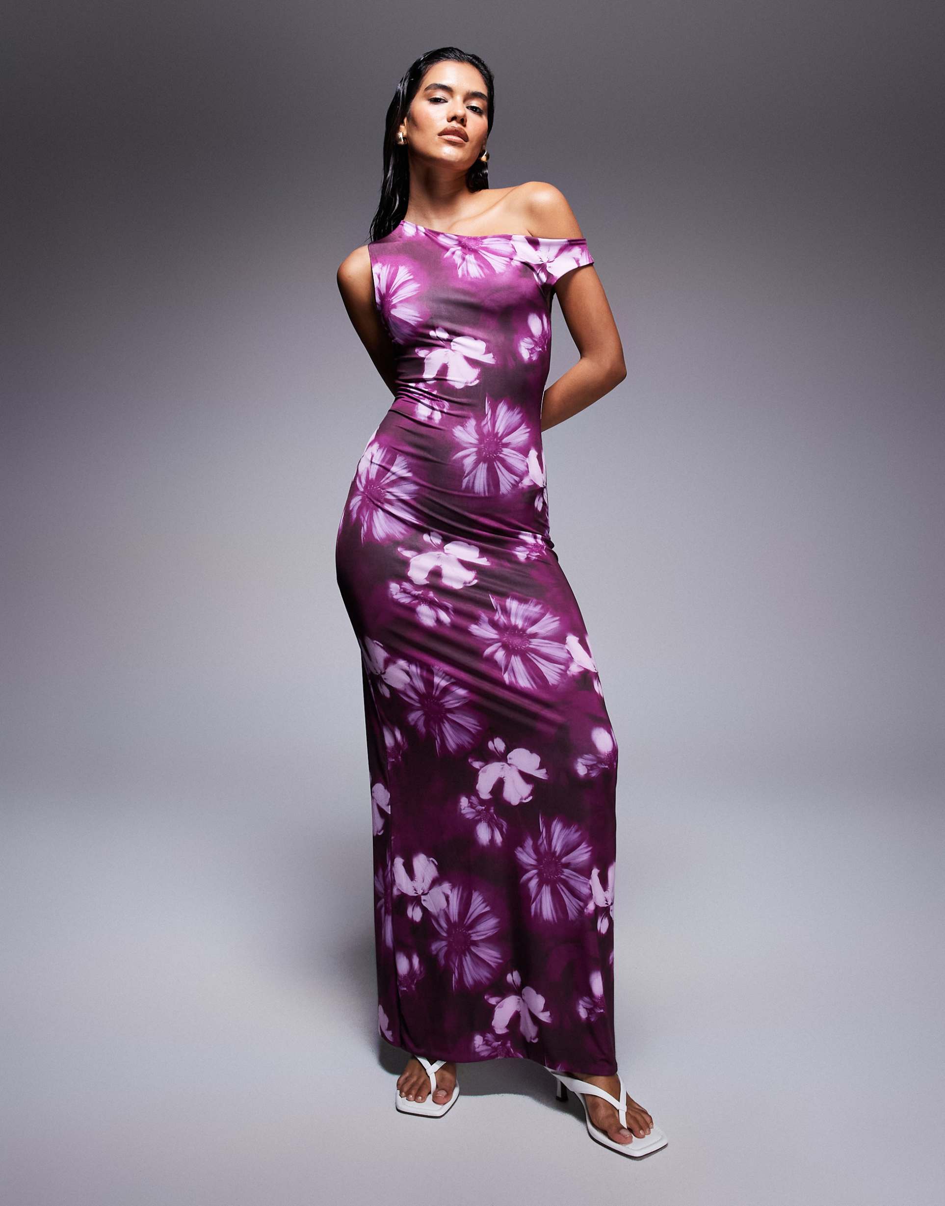 missy empire double sculpted slinky asymmetric off shoulder maxi dress in blurred purple flower print