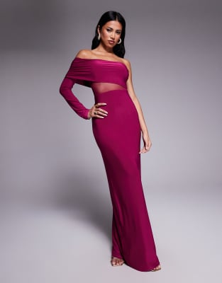 Missy Empire double sculpted slinky asymmetric one shoulder mesh panel maxi dress in raspberry-Purple