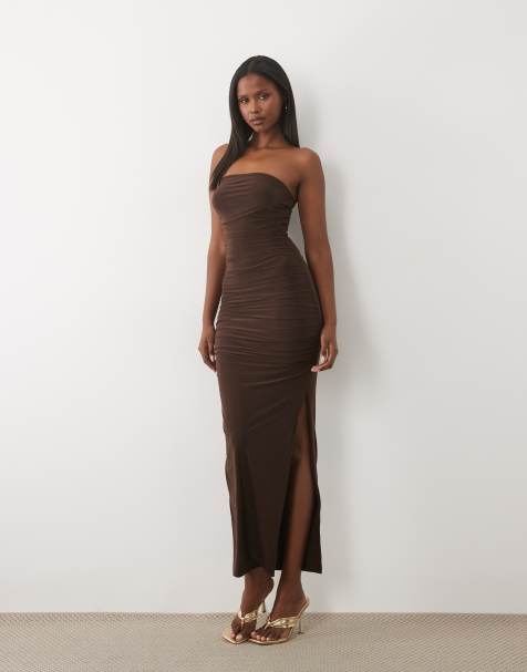 Missy Empire double sculpted slinky bandeau ruched waist detail maxi dress in chocolate brown - view 1