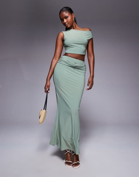 Missy Empire double-sculpted slinky knot-front maxi skirt in sage (Part of a set) - view 1