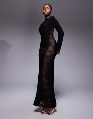 Missy Empire double sculpted slinky lace panel flare sleeve maxi dress in black