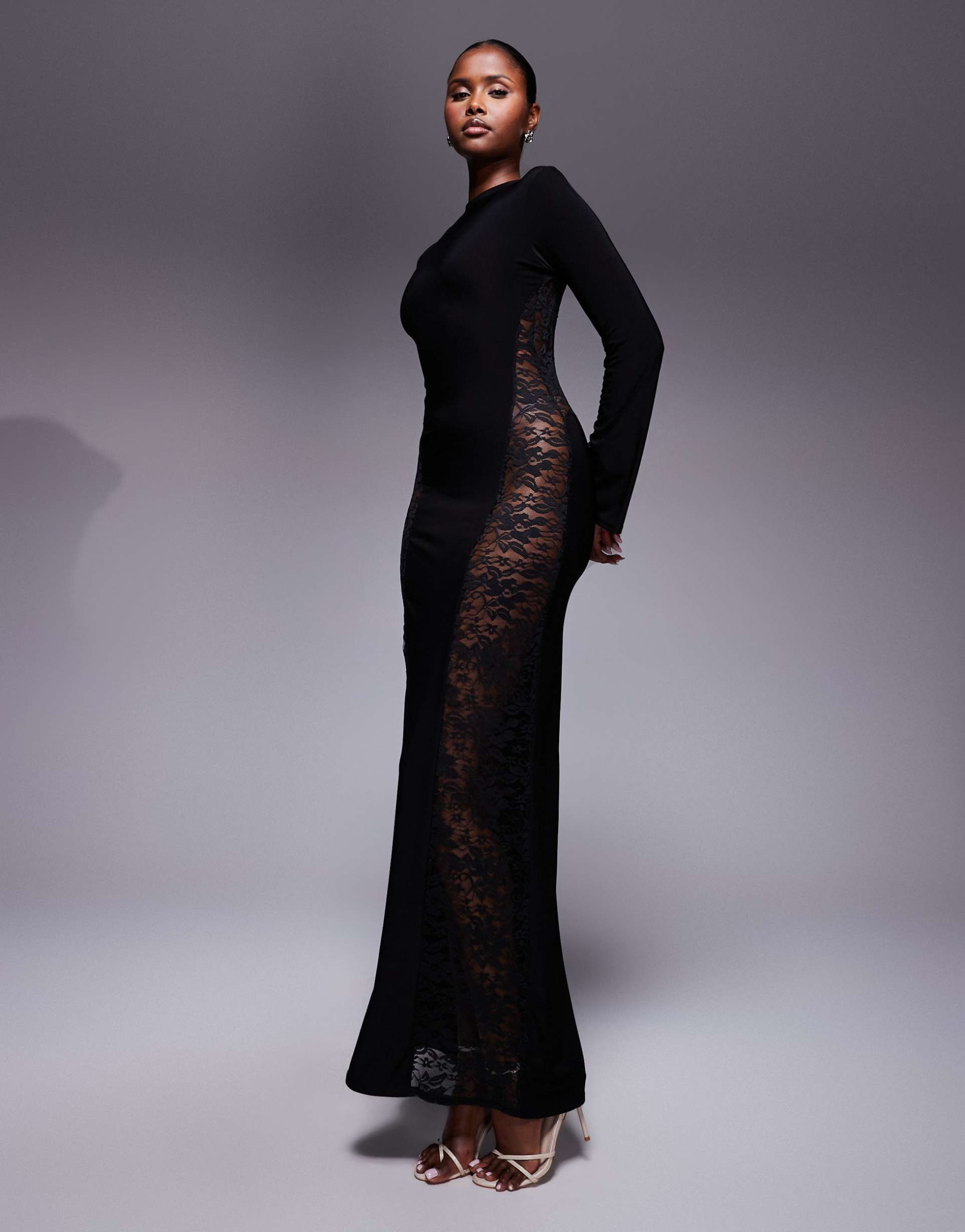 missy empire double sculpted slinky lace panel flare sleeve maxi dress in black