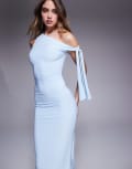 [Missyempire] Missy Empire double sculpted slinky one shoulder tie midi dress in baby blue 6 BLUE