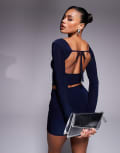 [Missyempire] Missy Empire double sculpted slinky open back tie detail long sleeve top in navy (part of a set) 42 NAVY