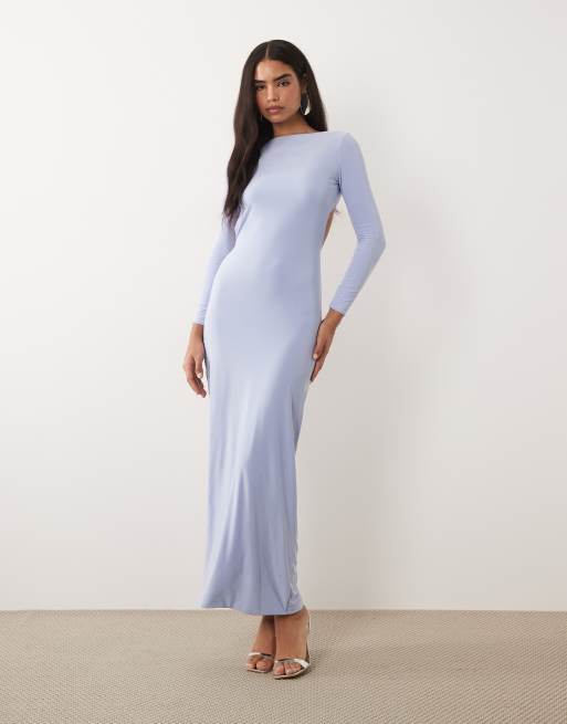 Missy Empire double sculpted slinky open tie back detail maxi dress in blue  | ASOS