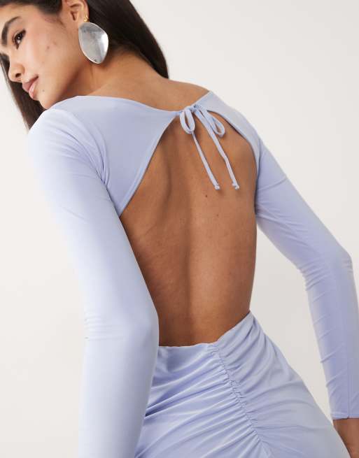 Missy Empire double sculpted slinky open tie back detail maxi dress in blue  | ASOS