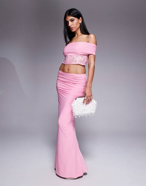 Missy Empire double sculpted slinky ruched side detail maxi skirt in pink (part of a set) - view 1