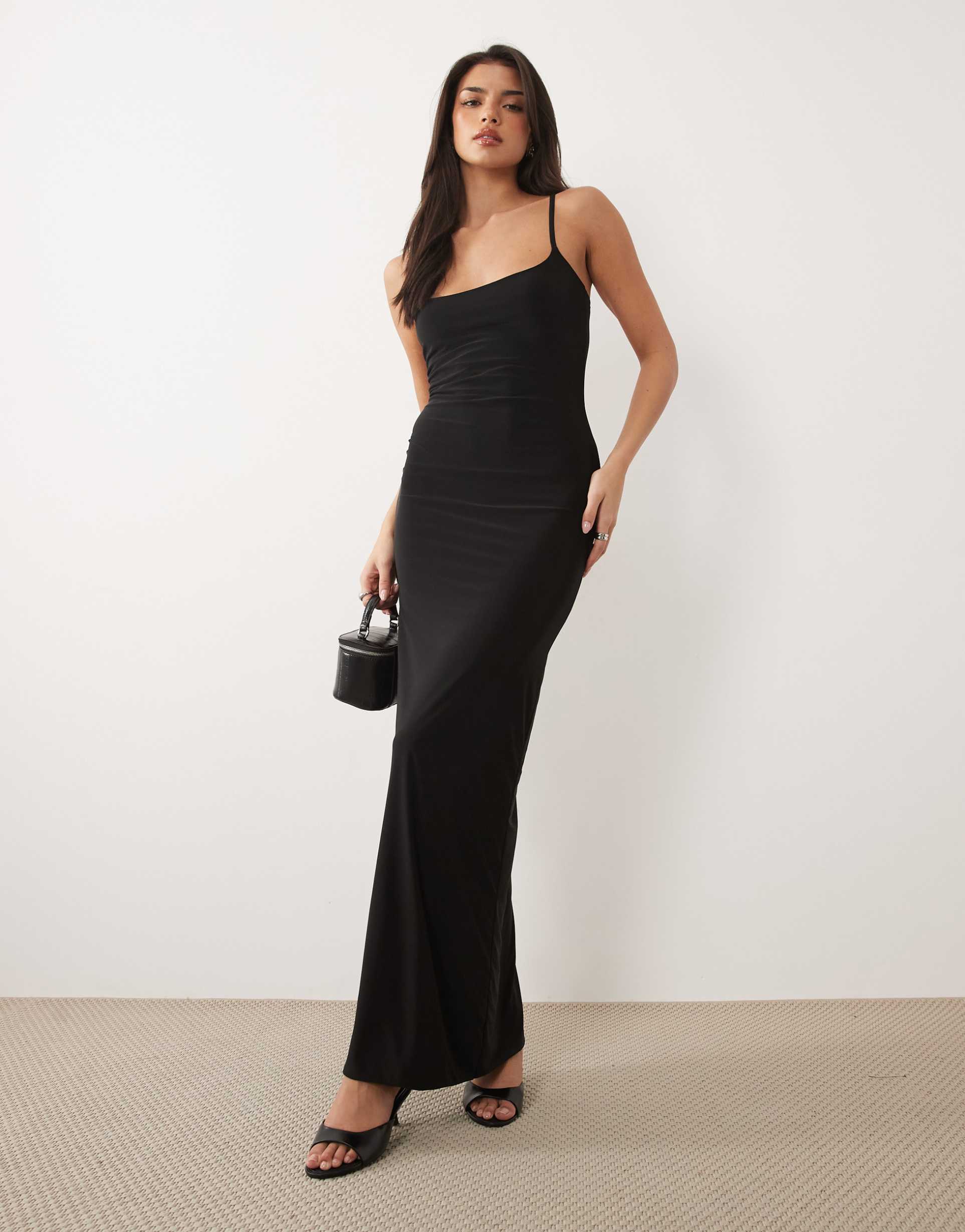 missy empire double sculpted slinky thin strap cami maxi dress in black