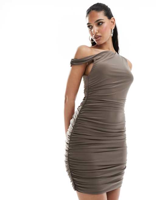 Missy Empire drape detail off shoulder mini dress in mocha