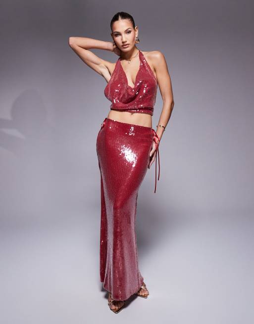 Missy Empire - Ensemble crop top à col bénitier plongeant et jupe longue à sequins - Bordeaux