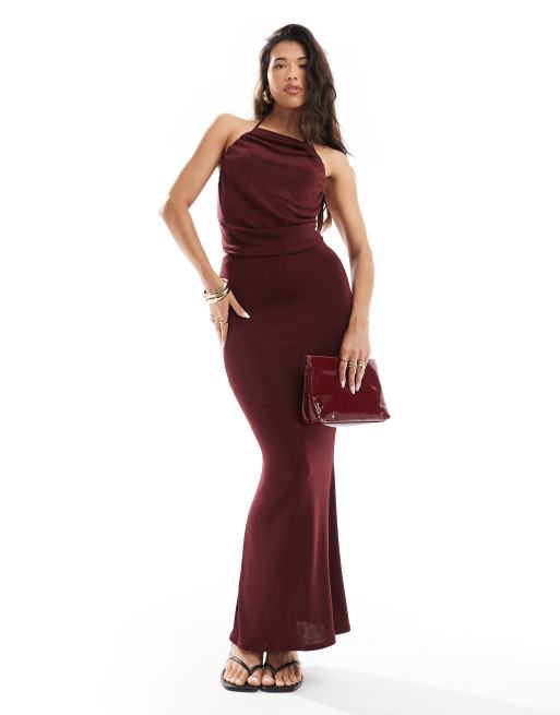 Missy Empire exclusive cowl backless top and maxi skirt set in wine