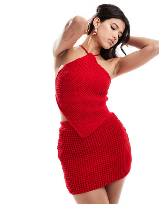 Missy Empire exclusive crochet halterneck top in red (part of a set)