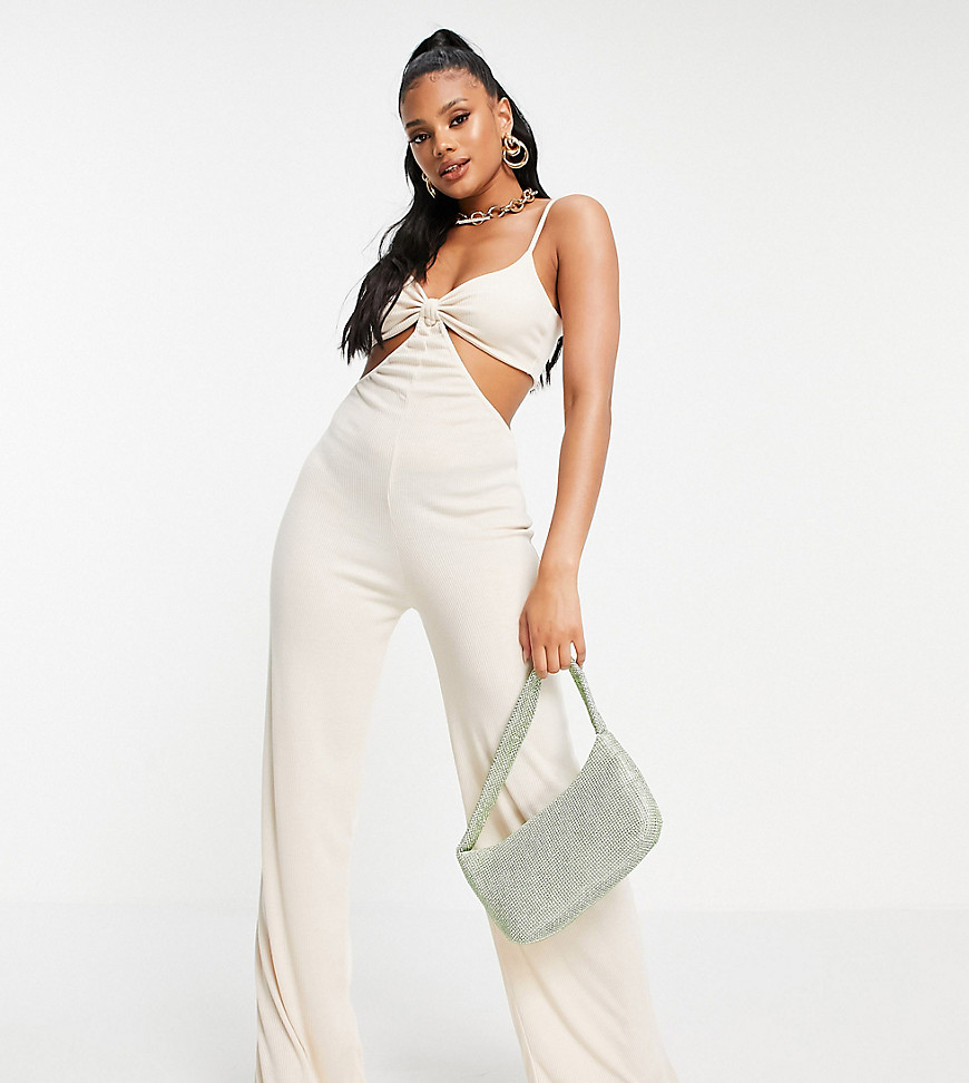 Missy empire exclusive cut out strappy jumpsuit in ivory-White
