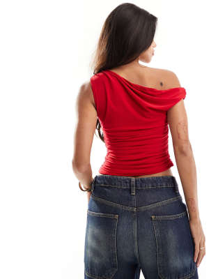 Missyempire Missy Empire Exclusive Double Layered Slinky Off Shoulder Top In Red