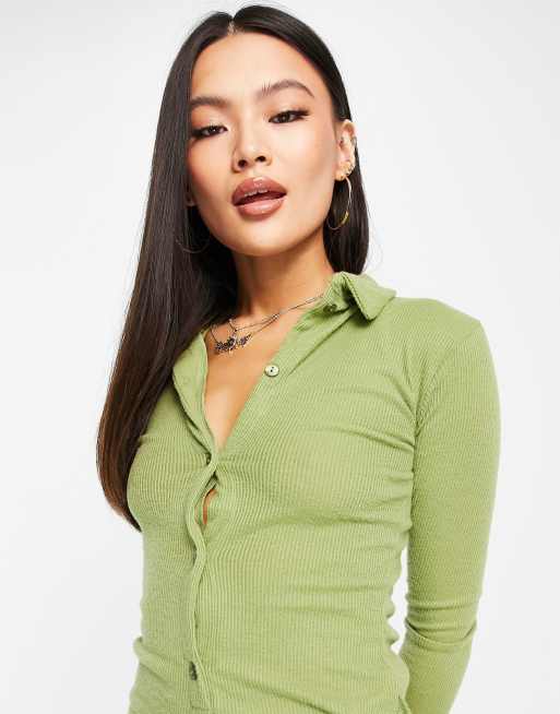 Missy Empire Exclusive drape front shirt dress in olive, 3 of 4
