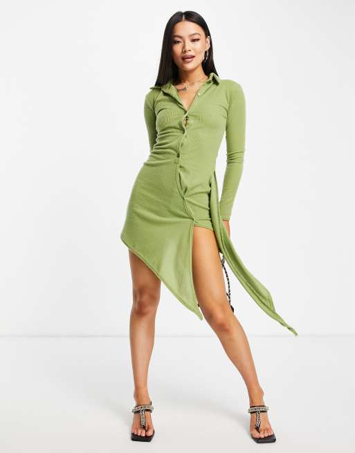 Missy Empire Exclusive drape front shirt dress in olive, 4 of 4