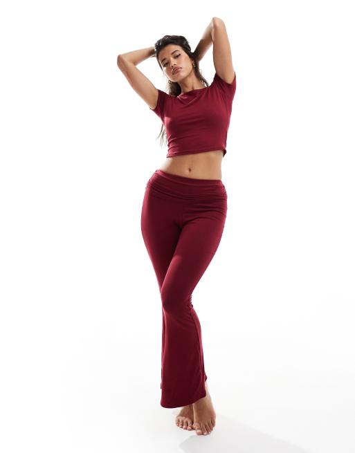 Missy Empire exclusive folded waist flared pants in burgundy (part of a set)