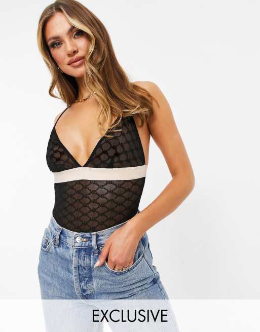 Missy Empire exclusive lingerie mesh contrast motif bodysuit in black