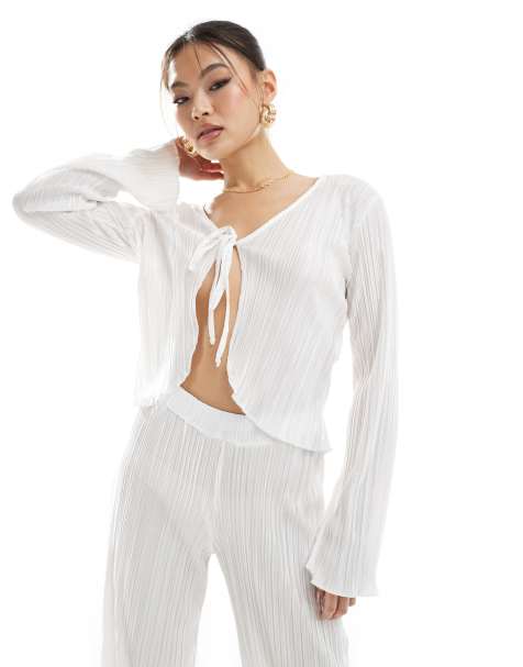 Missy Empire - Exclusivité - Top d'ensemble de plage plissé à manches larges et liens devant - Blanc - view 1