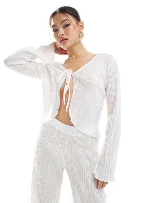 Missy Empire - Exclusivité - Top d'ensemble de plage plissé à manches larges et liens devant - Blanc
