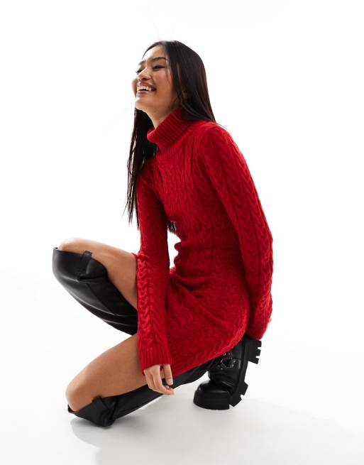 Missy Empire – Exklusives Mini-Pulloverkleid aus rotem Strickmaterial mit Zopfmuster und Rollkragen