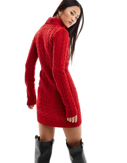 Missy Empire – Exklusives Mini-Pulloverkleid aus rotem Strickmaterial mit Zopfmuster und Rollkragen, 4 von 4