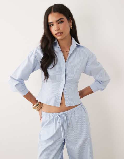 Missy Empire – Figurbetonte Hemdbluse in Blau mit Nadelstreifen und Ballonärmeln, Kombiteil - view 1