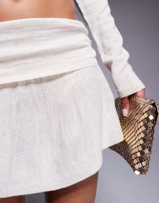 Missyempire Missy Empire Fine Knit Fold Over Low Waist Mini Skirt In Neutral