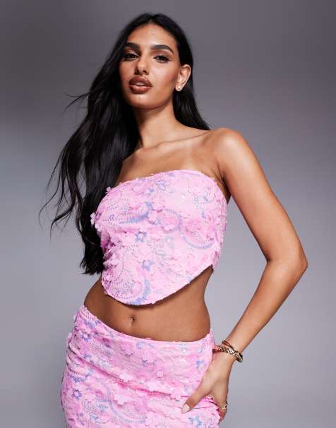Missy Empire floral sequin bandeau curved hem top in pink (part of a set) - view 1