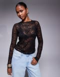 [Missyempire] Missy Empire floral sheer lace long sleeve top in black 36 BLACK