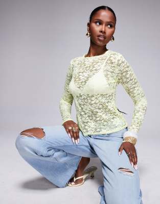 Missy Empire floral sheer lace long sleeve top in yellow