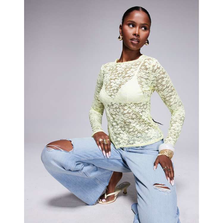 Missy Empire floral sheer lace long sleeve top in yellow | ASOS