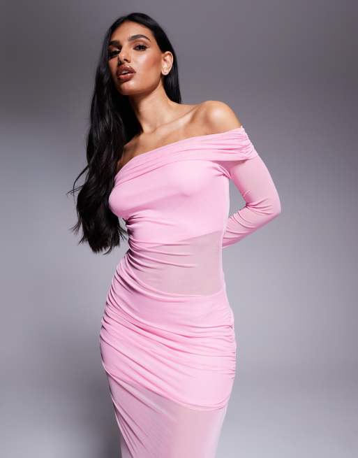 Missy Empire foldover bardot mesh insert sheer hem maxi dress in pink