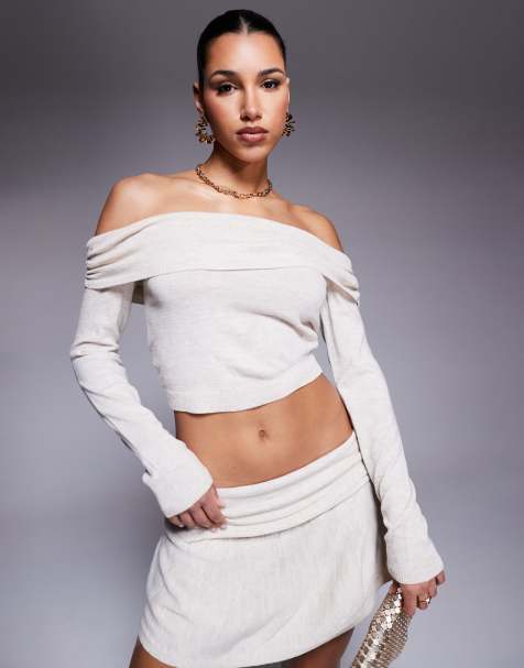 Missy Empire - Gebreide top met omgevouwen bardothals in beige, deel van co-ord set - view 1
