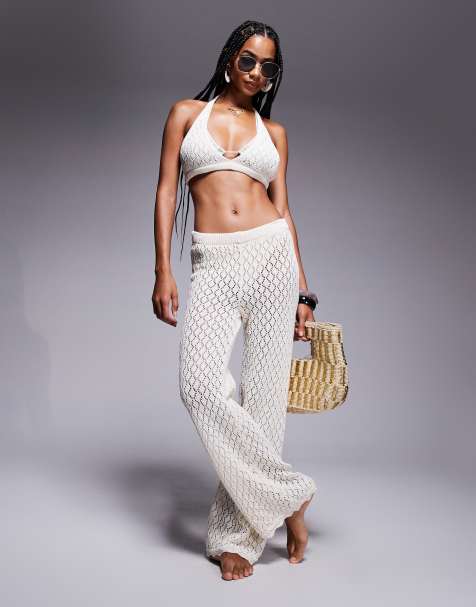 Missy Empire – Gestricktes Strand-Set in Cremeweiß, aus Bustier mit gebundener Rückseite und weit geschnittener Hose - view 1
