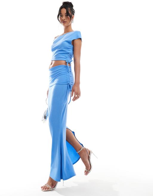 Missy Empire - Gonna lunga a colonna blu a sirena con laccetti in coordinato