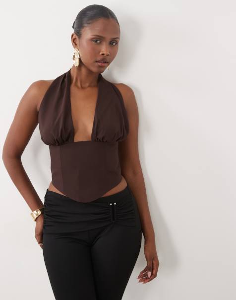 Missy Empire halterneck plunge corset top in chocolate - view 1